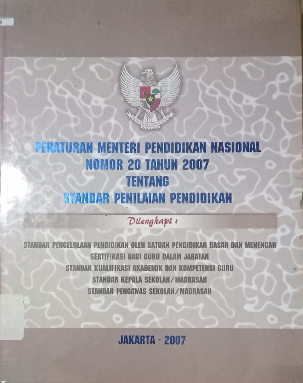 Sampul Peraturan Mentri Pendidikan Nasional Nomor 20 Tahun 2007 Tentang Standar Penilaian Pendidikan
