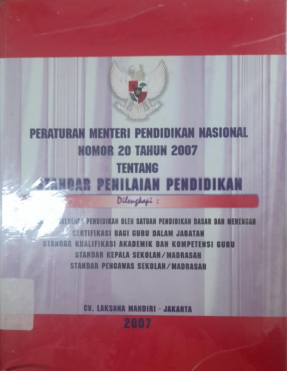 Sampul Peraturan Menteri Pendidikan Nasional Nomor 20 Tahun 2007 Tentang Standar Penilaian Pendidikan